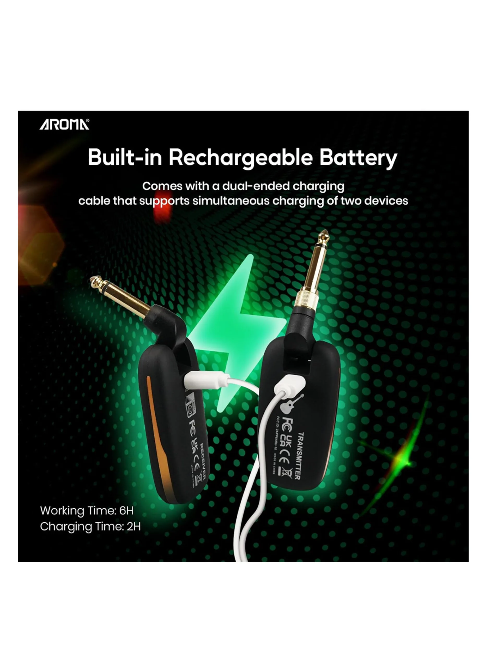 Aroma ARU-10 Wireless Guitar Transmitter Receiver - UHF 7 Channel System - Image 3