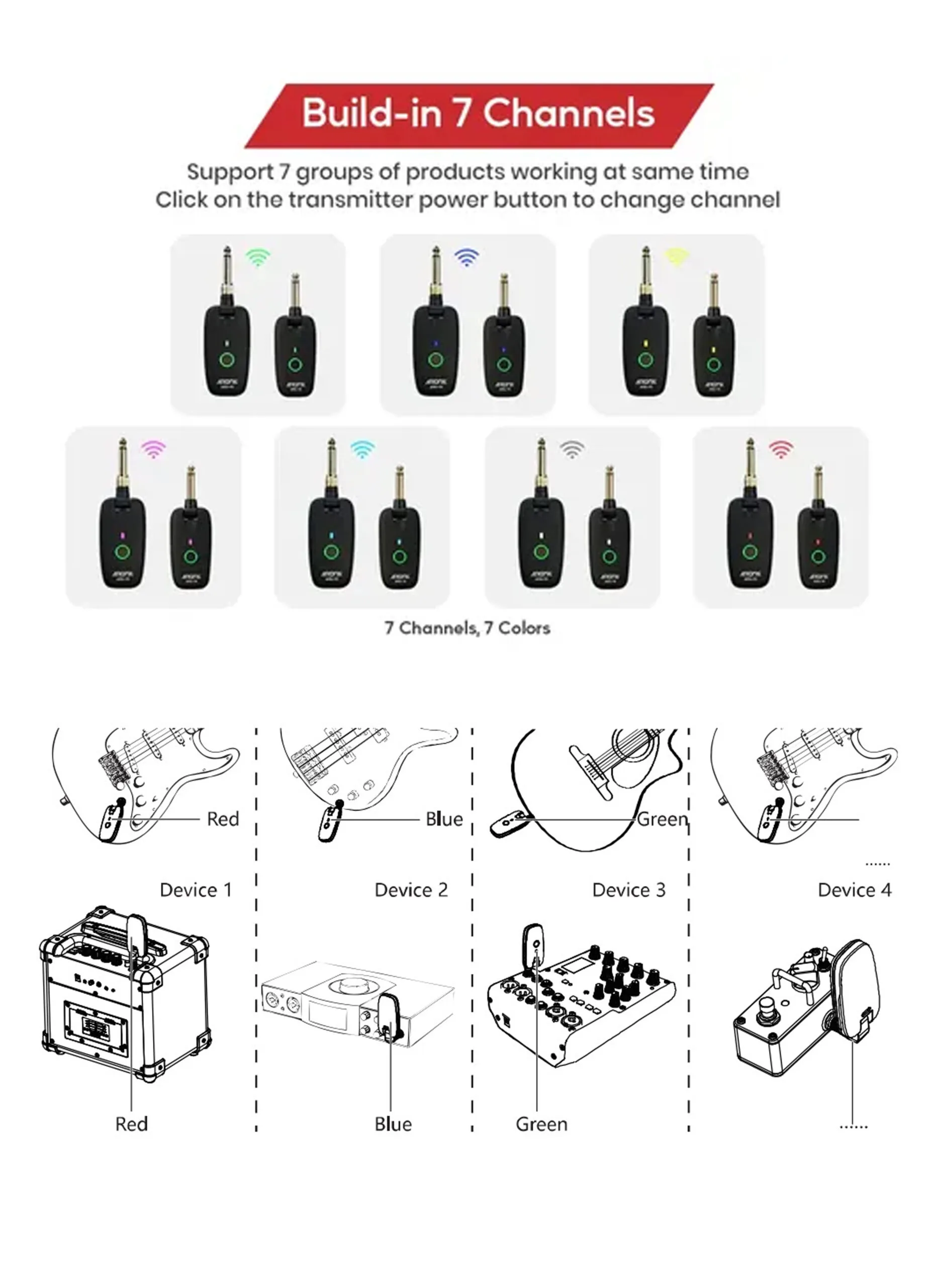 Aroma ARU-10 Wireless Guitar Transmitter Receiver - UHF 7 Channel System - Image 4