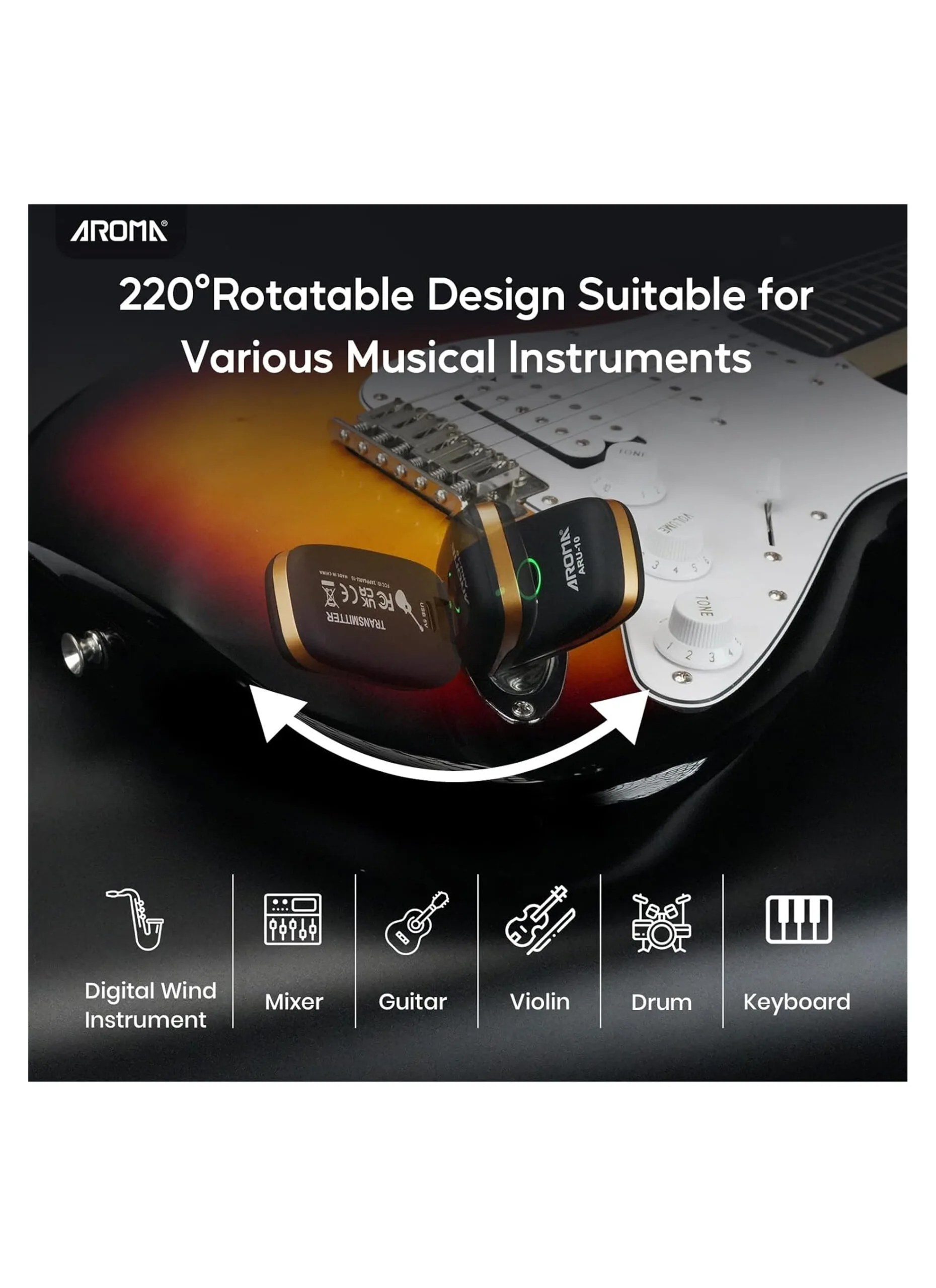 Aroma ARU-10 Wireless Guitar Transmitter Receiver - UHF 7 Channel System - Image 6