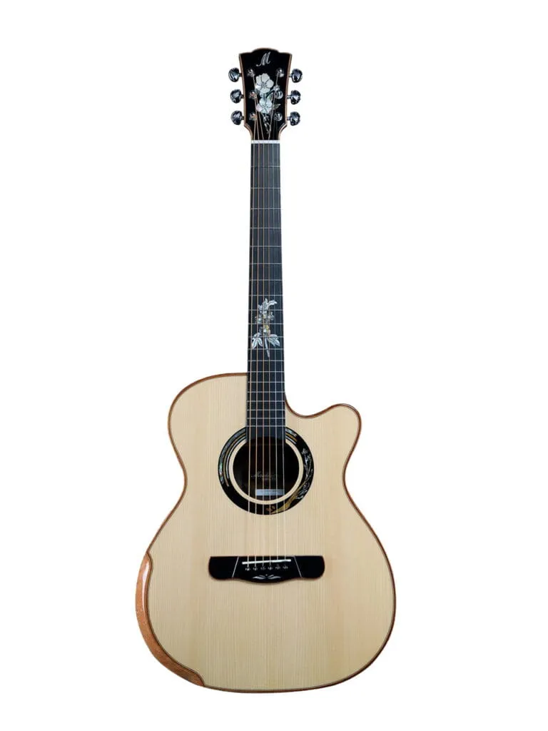 Main front: Merida Extrema A18GAC2 EQ Semi Acoustic Guitar Grand Auditorium Solid Spruce Rosewood LR Baggs India Back detail: Merida Extrema A18GAC2 EQ Rosewood Back Elaborate Floral Inlay High Gloss Finish Pickup: Merida Extrema A18GAC2 EQ LR Baggs EAS-VTC Pickup Preamp Controls Headstock: Merida Extrema A18GAC2 EQ Chrome Tuning Machines Floral Inlay Headstock Case: Merida Extrema A18GAC2 EQ Semi Acoustic Guitar with GB-25 Premium Case