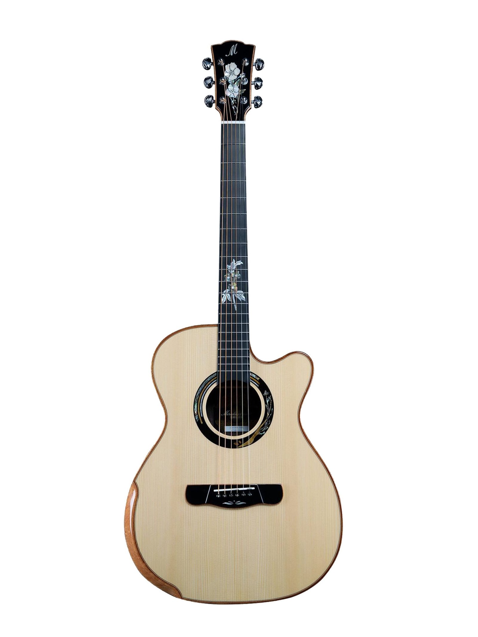 A18OMC EQ _1 Main front: Merida Extrema A18OMC EQ Semi Acoustic Guitar OMC Orchestra Model Solid Spruce Rosewood LR Baggs India Back detail: Merida Extrema A18OMC EQ Rosewood Back Floral Inlay High Gloss Finish Detail Pickup: Merida Extrema A18OMC EQ LR Baggs EAS-VTC Pickup Preamp Controls Headstock: Merida Extrema A18OMC EQ Chrome Tuning Machines Floral Inlay Headstock Case: Merida Extrema A18OMC EQ Semi Acoustic Guitar with GB-25 Premium Case