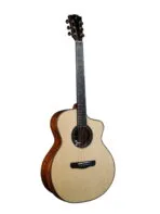 Main front: Merida Extrema DTGC Semi Acoustic Guitar Grand Concert Solid European Spruce Solid Flamed Maple India Back detail: Merida Extrema DTGC Solid Flamed Maple Back Three Dimensional Grain High Gloss Finish Pickup: Merida Extrema DTGC Fishman PSY-301 Pickup Preamp Controls Headstock: Merida Extrema DTGC Flamed Maple Neck Chrome Tuning Machines Headstock Case: Merida Extrema DTGC Semi Acoustic Guitar with ABS Hard Case