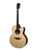 Main front: Merida Extrema DTJC EQ Semi Acoustic Guitar Grand Jumbo Solid Spruce Solid Flamed Maple Fishman PSY-301 India Back detail: Merida Extrema DTJC EQ Solid Flamed Maple Back High Gloss Finish Three Dimensional Grain Headstock: Merida Extrema DTJC EQ Golden-Merida Designed Tuning Machines Flamed Maple Headstock Body side: Merida Extrema DTJC EQ Solid Flamed Maple Side Grand Jumbo Body Detail Case: Merida Extrema DTJC EQ Semi Acoustic Guitar with Premium Wooden Case