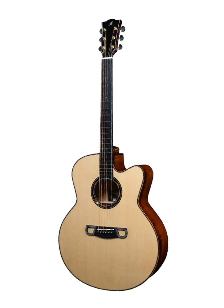Main front: Merida Extrema DTJC EQ Semi Acoustic Guitar Grand Jumbo Solid Spruce Solid Flamed Maple Fishman PSY-301 India Back detail: Merida Extrema DTJC EQ Solid Flamed Maple Back High Gloss Finish Three Dimensional Grain Headstock: Merida Extrema DTJC EQ Golden-Merida Designed Tuning Machines Flamed Maple Headstock Body side: Merida Extrema DTJC EQ Solid Flamed Maple Side Grand Jumbo Body Detail Case: Merida Extrema DTJC EQ Semi Acoustic Guitar with Premium Wooden Case