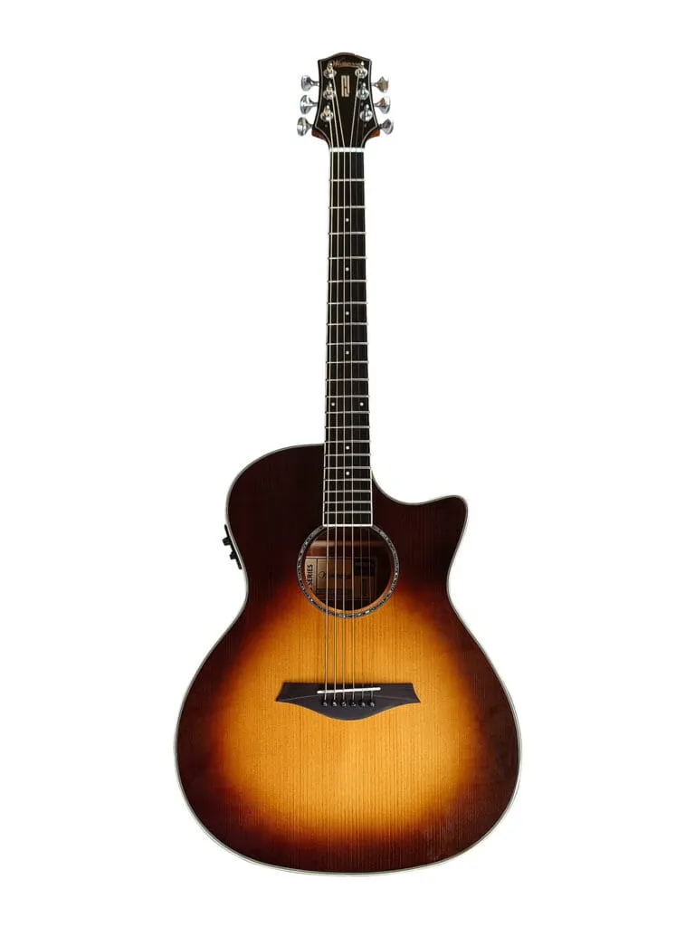 Main front: Westwood GA-340E OR Guitar (Semi Acoustic )40.5 Inch Oriental Retro Grand Concert Fishman Presys II India Body detail: Westwood GA-340E OR Solid Top Oriental Retro Glossy Finish Grand Concert Body Detail Pickup: Westwood GA-340E OR FISHMAN Presys-II Pickup Preamp Built-in Tuner Close Up Headstock: Westwood GA-340E OR Die Cast Tuning Machines Oriental Retro Glossy Finish Guitar bag: Westwood GA-340E OR Semi Acoustic Guitar with Padded Guitar Bag Included