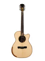Main front: Merida Extrema Summer OMC EQ Semi Acoustic Guitar OMC Orchestra Model Solid Spruce Rosewood LR Baggs India Back detail: Merida Extrema Summer OMC EQ Rosewood Back High Gloss Finish Detail Pickup: Merida Extrema Summer OMC EQ LR Baggs EAS-VTC Pickup Preamp Volume Treble Clarity Headstock: Merida Extrema Summer OMC EQ Chrome Tuning Machines Floral Inlay Headstock Case: Merida Extrema Summer OMC EQ Semi Acoustic Guitar with ABS Hard Case