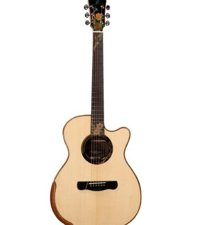 Main front: Merida Extrema Summer OMC EQ Semi Acoustic Guitar OMC Orchestra Model Solid Spruce Rosewood LR Baggs India Back detail: Merida Extrema Summer OMC EQ Rosewood Back High Gloss Finish Detail Pickup: Merida Extrema Summer OMC EQ LR Baggs EAS-VTC Pickup Preamp Volume Treble Clarity Headstock: Merida Extrema Summer OMC EQ Chrome Tuning Machines Floral Inlay Headstock Case: Merida Extrema Summer OMC EQ Semi Acoustic Guitar with ABS Hard Case