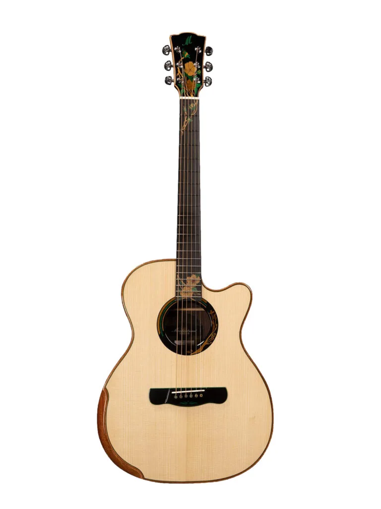 Main front: Merida Extrema Summer OMC EQ Semi Acoustic Guitar OMC Orchestra Model Solid Spruce Rosewood LR Baggs India Back detail: Merida Extrema Summer OMC EQ Rosewood Back High Gloss Finish Detail Pickup: Merida Extrema Summer OMC EQ LR Baggs EAS-VTC Pickup Preamp Volume Treble Clarity Headstock: Merida Extrema Summer OMC EQ Chrome Tuning Machines Floral Inlay Headstock Case: Merida Extrema Summer OMC EQ Semi Acoustic Guitar with ABS Hard Case
