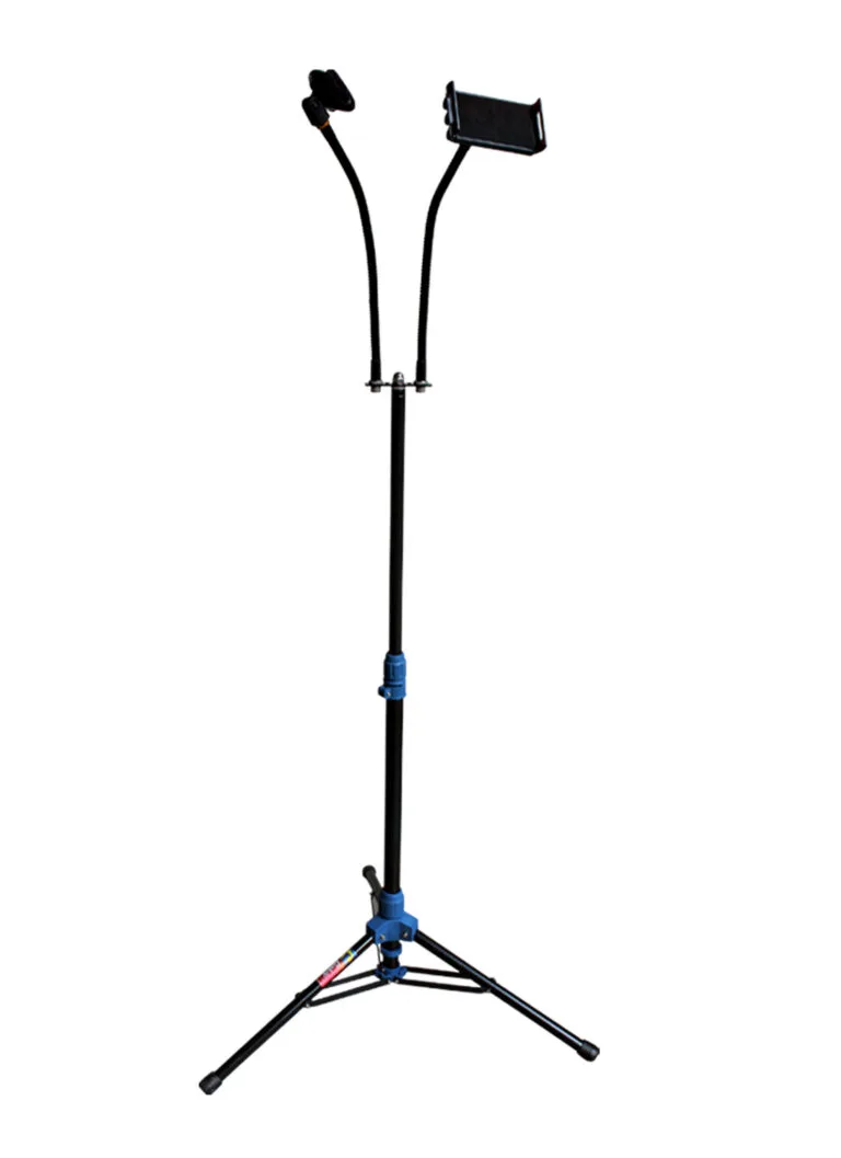 Main: Galux GMP-611 Microphone Stand Mobile Tablet Holder Blue Adjustable Gooseneck India Detail: Galux GMP-611 Dual Gooseneck Microphone Mobile Bar Mic Phone Holder Base: Galux GMP-611 Durable Tripod Base Folding Cushioned Legs Die Cast Blue Height: Galux GMP-611 Adjustment Height 1250mm 1750mm Clamping Lever Blue Folded: Galux GMP-611 Mic Stand Mobile Tablet Holder Folded Compact Size
